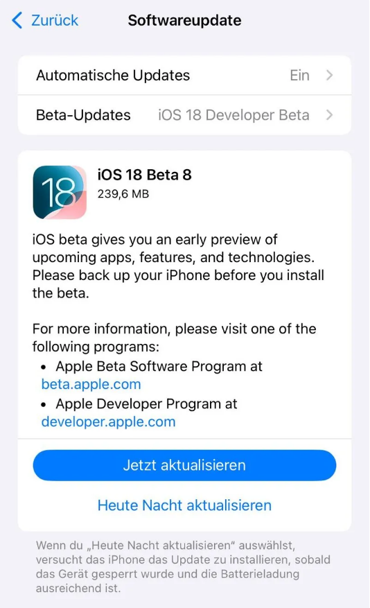 吴桥苹果手机维修分享苹果 iOS / iPadOS 18 开发者预览版 Beta 8 发布 